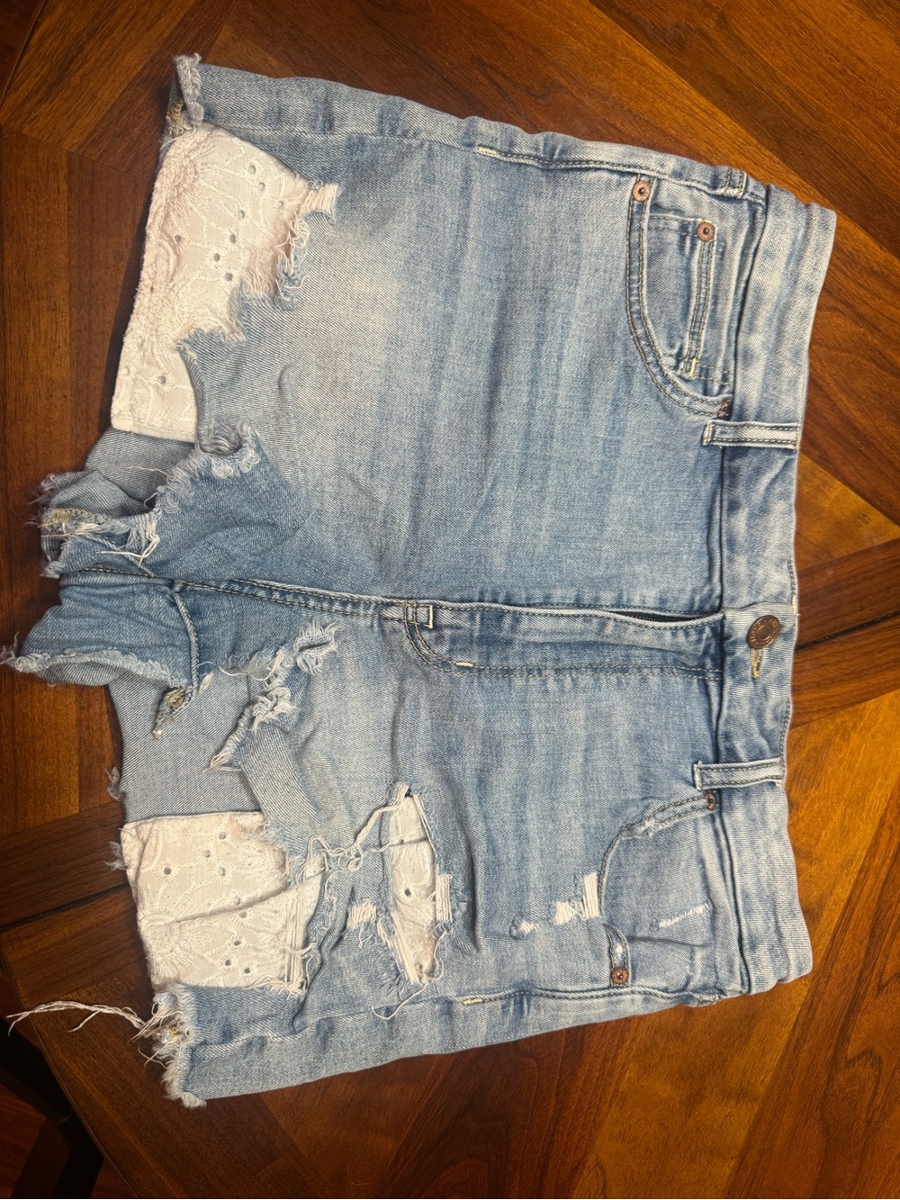 American Eagle Outfitters Light Blue Distressed Denim Shorts with Lace Insets